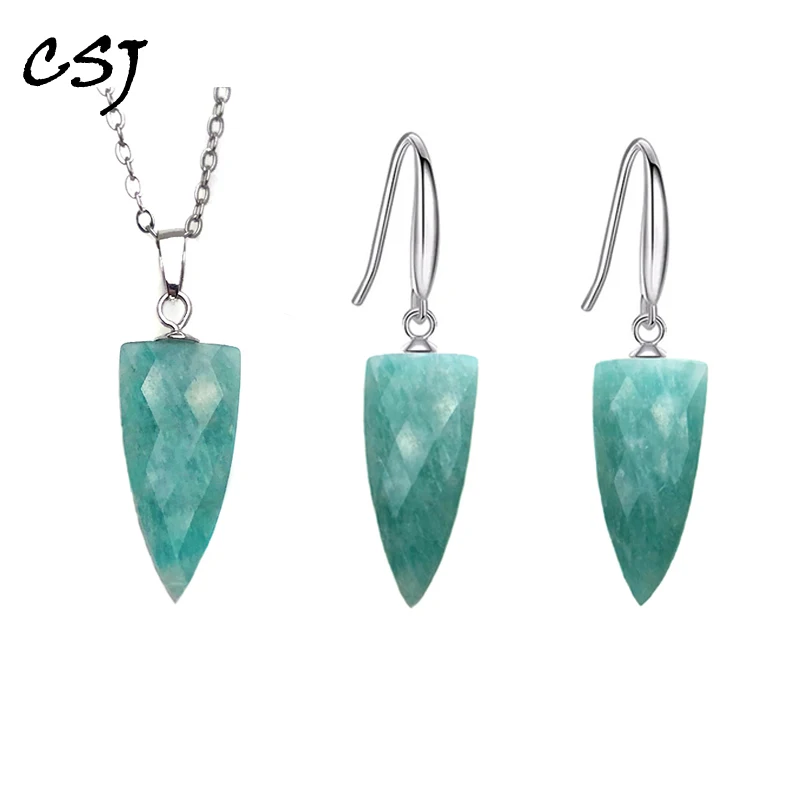 

Trendy Natural Amazonite Jewelry Sets Sterling 925 Silver Crystal Bullet 10*19mm for Women Birthday Party Gift