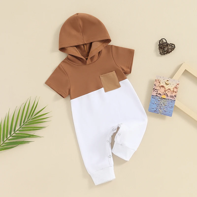 

Infant Baby Boy Summer Romper Outfit Contrast Color Short Sleeve Pocket Hood Jumpsuit Bodysuit Cute Newborn Clothes