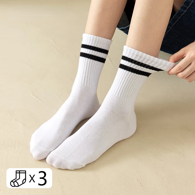 

3 Pairs Striped Socks Cotton Soild Colors Unisex Socks Streetwear Harajuku Black White Couples Skateboard Knitted Casual Socks
