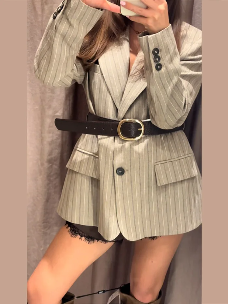 Gestreifte Schnür-Anzugjacke für Damen, elegante Reversjacke mit langen Ärmeln, einreihig, schmal geschnitten, Frühlingsmode, Büro-Outwear – Detail 7