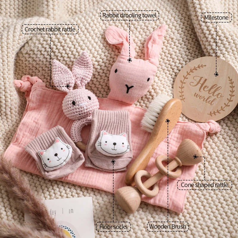 1set Baby Bath Set Cotton Towel Blanket Brush Socks for Kids Toy Crochet Rattle Set Box Christmas photography accessories Gifts 2 S69bf72c9ae0f44e9b5eae358bfc96377c