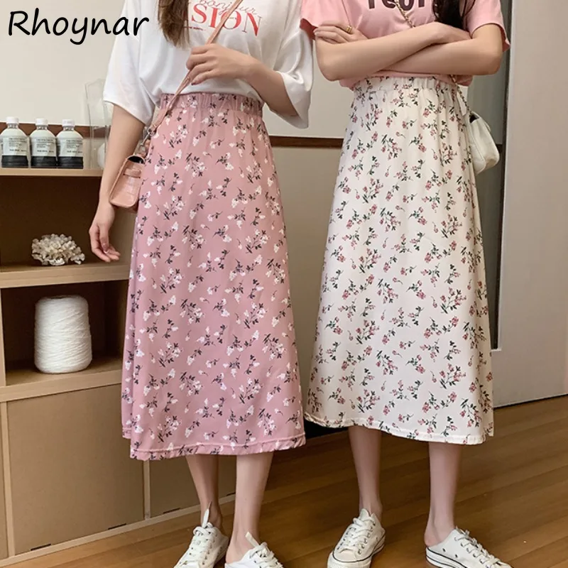 

Floral Skirts Women Summer A-line Elastic Waist Baggy Casual All-match Daily Soft Korean Style Streetwear Slim Temperament Chic