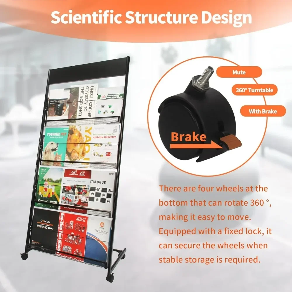 Magazine Rack Floor-Standing,4-Layer Brochure Holder Display Stand Tiered Design with Wheels,High-Hardness Metal Magazine 2