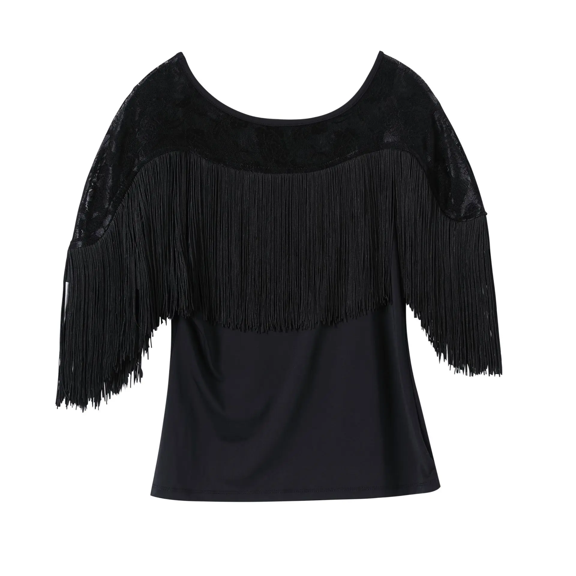 Modern Latin dance dress Ladies dancing shirt Black fringe Latin Dance tops Lace dance jumpsuit Square performance cloths dance dress,dance shirts