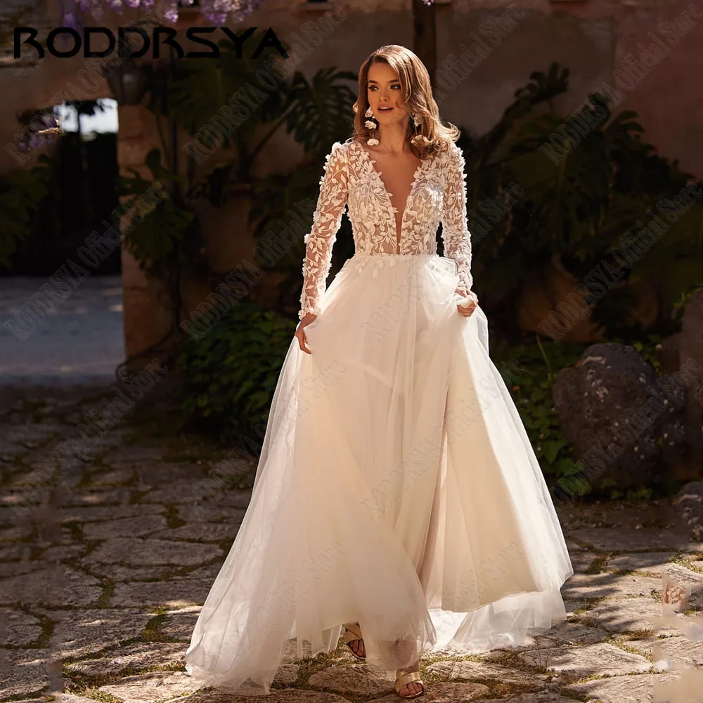 RODDRSYA A Line Bride Wedding Dresses Long Sleeve Applique Backless Lace Boho Bridal Gown Vestido