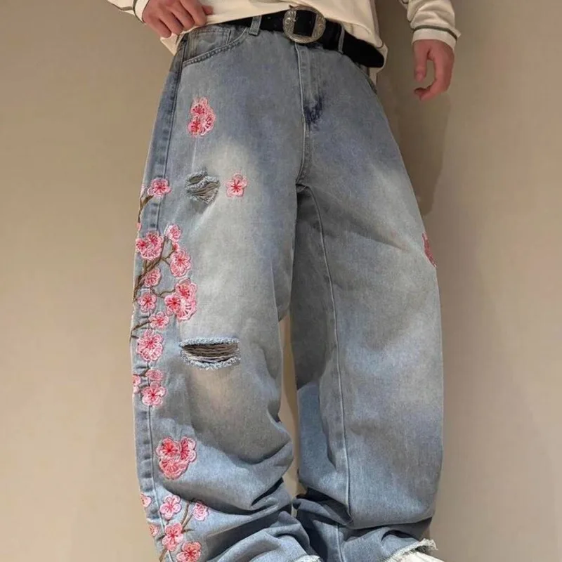 Cherry Blossom Selvedge Embroidery Denim Pants Y2K Retro Men Casual Baggy Straight Wide Leg Jeans High Quality Hiphop Streetwear
