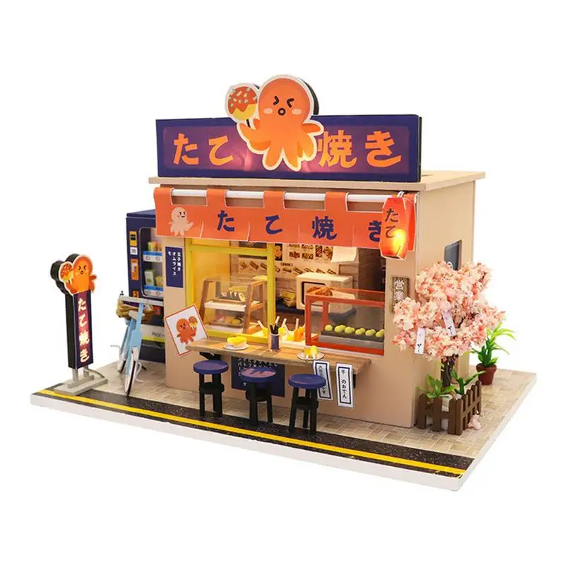 

DIY Dollhouse Kit Mini Doll Houses To Build Kit DIY Assembled Takoyaki Shop Model Miniature Doll House Birthday Gift for Girls