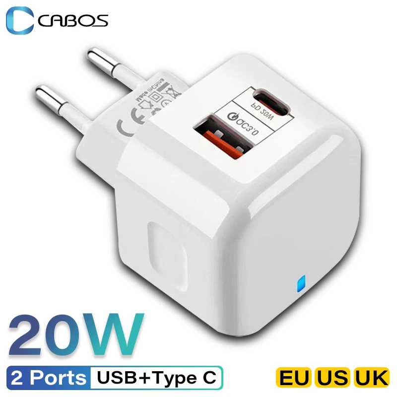 

PD 20W Charger Type C USB Adapter 2 Ports Phone Fast Charging US EU UK Plug USB C Quick Charge for iPhone 14 15 Xiaomi 13 Pro
