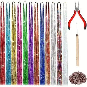 12Colors Shiny Hair Tinsel Strands Kit 34"/48"Synthetic Hair Glitter Extensions For Girls For Christmas New Year Cosplay Party 1