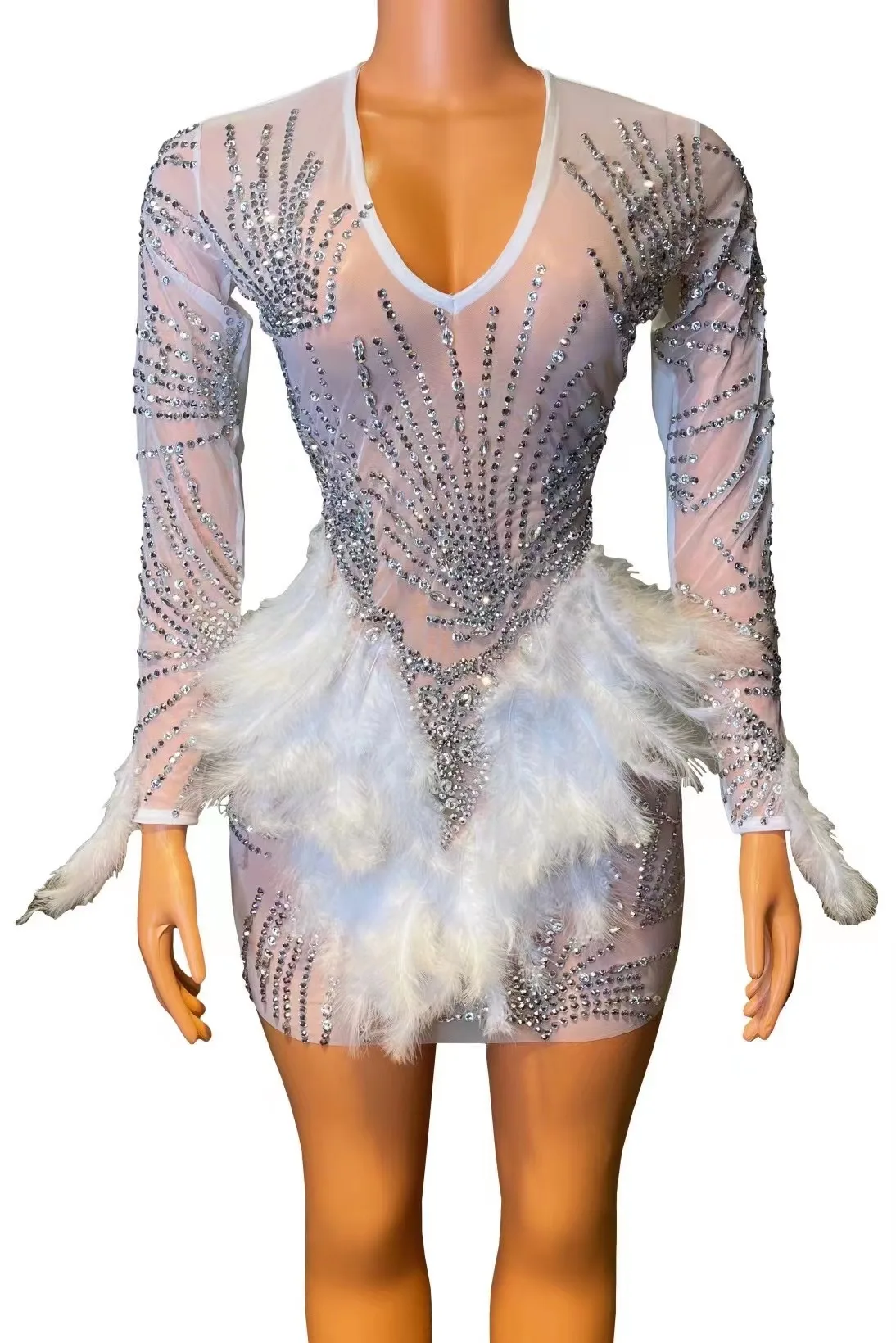 

Flamingo Full Diamond Vintage Sexy V-neck Feather Multicolor Party Goddess Nightclub Bar Evening Dress Performance Costume