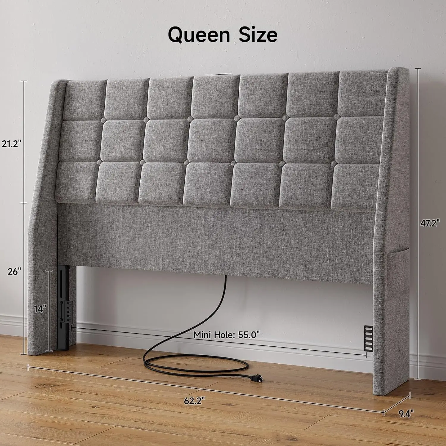 Headboard Queen Size w/Charging Station, Linen Wingback Headboards w/Storage Pocket, Queen Headboard Only, Bed Frame Adapters