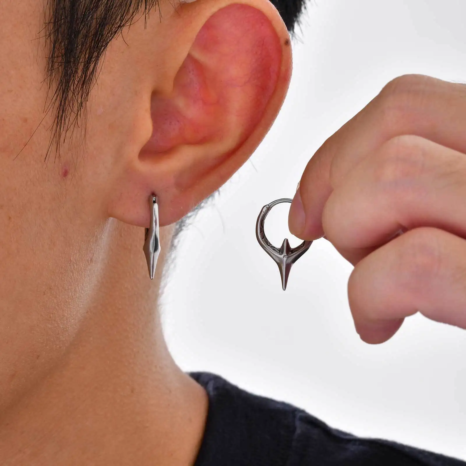 Stainless Steel Huggies Earring for Men Boys,Punk Silver Color Hoop Earring,Perforable Earring