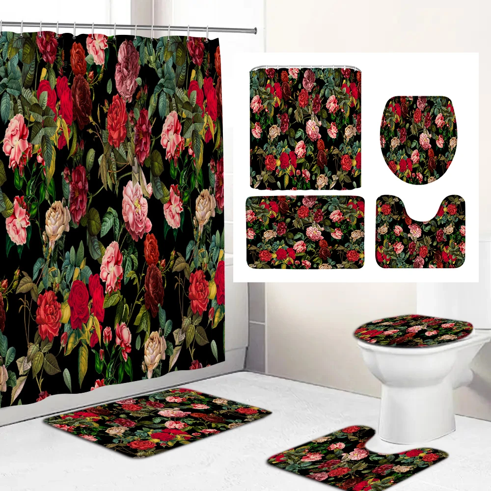 

Rose Flowers Print 3D Shower Curtain Waterproof Polyester Bathroom Curtain Anti-slip Bath Mat Set Toilet Rugs Carpet Home Decor