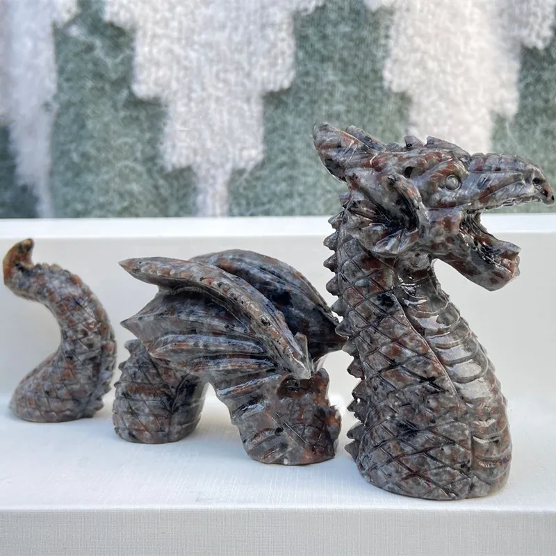 

8CM Natural Yooperlite Crystal Quartz Flame StoneThree-stage Dragon Hand-Carved Crafts Ornaments Reiki Minerals Room Decor Gifts