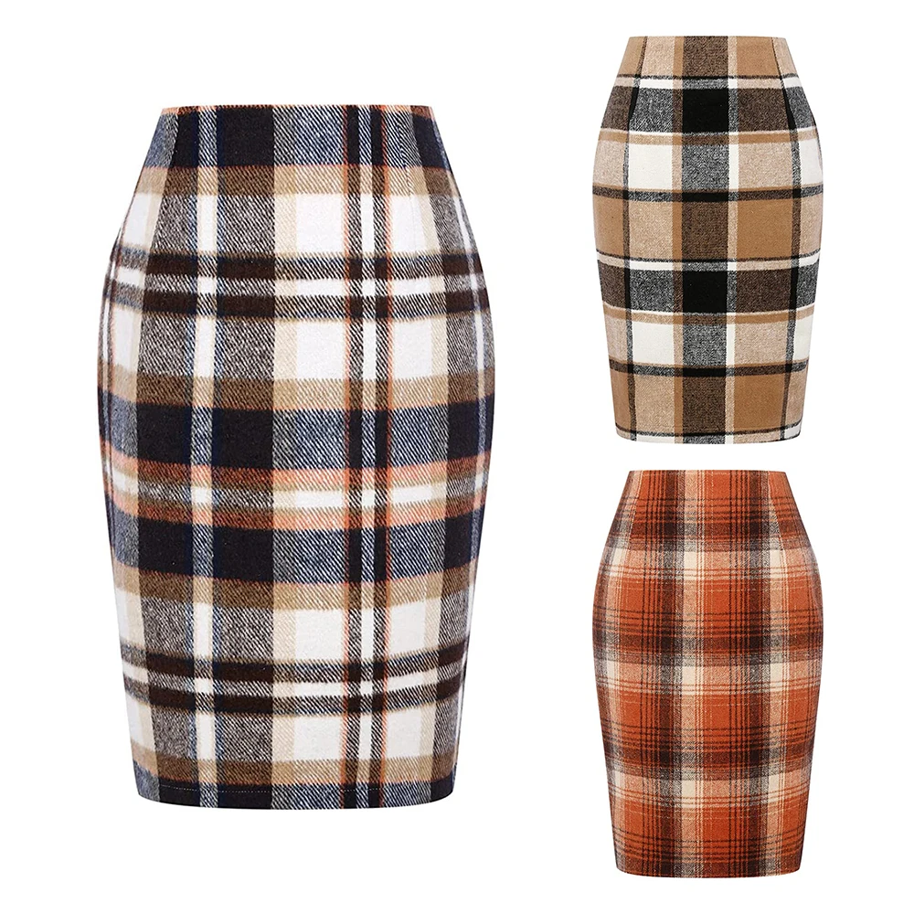

Casual Korean Women Sexy Plaid Skirts Vintage Female High Waist Skirts Empire Slit Back Knee Length Pencil Skirt VD3594