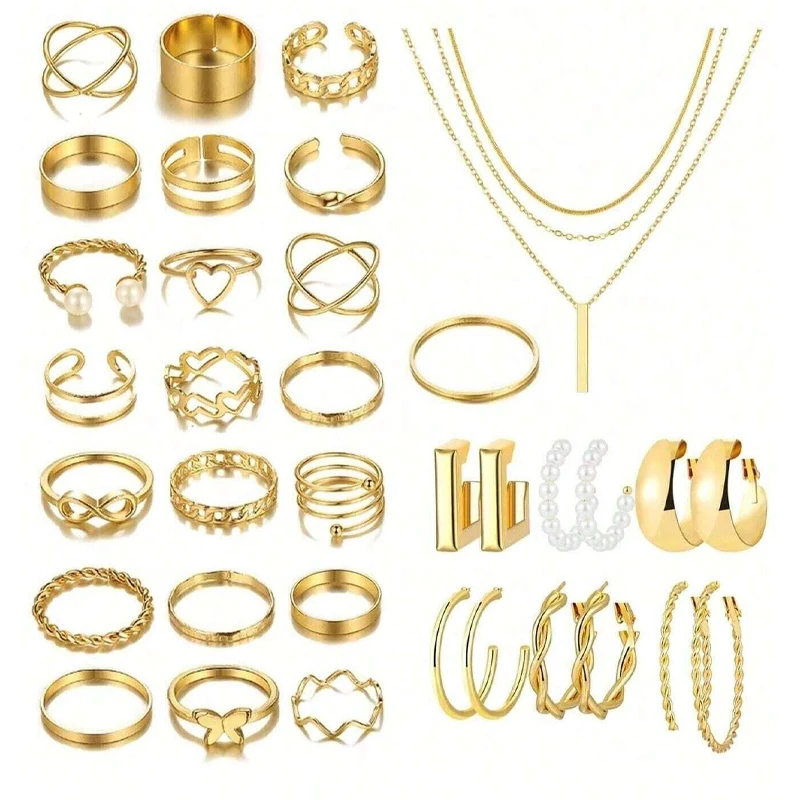 38-68 Pcs Simple Elegant Vintage Jewelry Set Butterfly Heart Pearl Rhinestone C-Shape Earrings,Necklace, Ring, Bracelet Set Gift