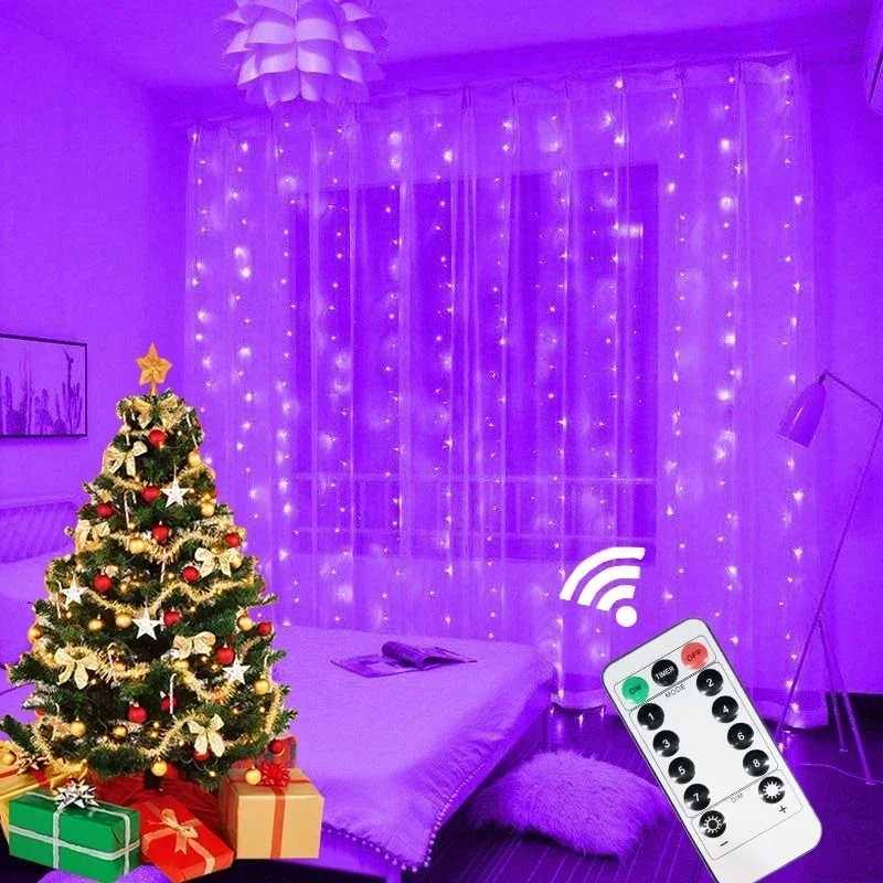 thumbnail image 1 of 1 cortina de luces LED de 3 x 3 m, luces navideñas, guirnalda navideña para árbol de Navidad con 8 modos de control remoto, decoraciones navideñas para fiestas y el hogar, 1 of 5