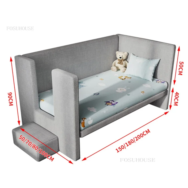 Breathable Solid Wood Child Bed for Kids Room Widened Soft-covered Children Beds with Mesh Modern Creative Kids Bed for Sofa