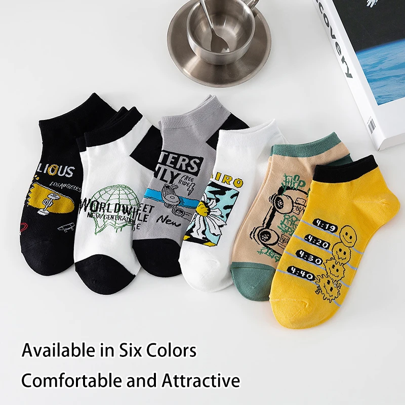 6 Pairs of Men's Spring Autumn Letter Slogans Graffiti Smiling Face Skateboarding Fashion College Style Summer Breathable Socks 2