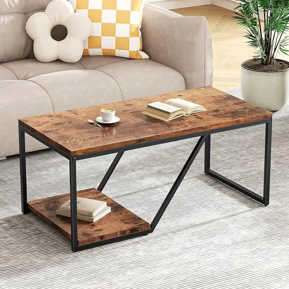 

Easy Assembly Marble Coffee Table for Living Room 2-Tier Industrial Rectangle Rustic Coffee Table for Living Room Small Spaces