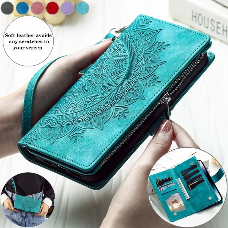 Luxurious Crossbody Leather Flip Case with Lanyard and Zipper Wallet Card Holder
