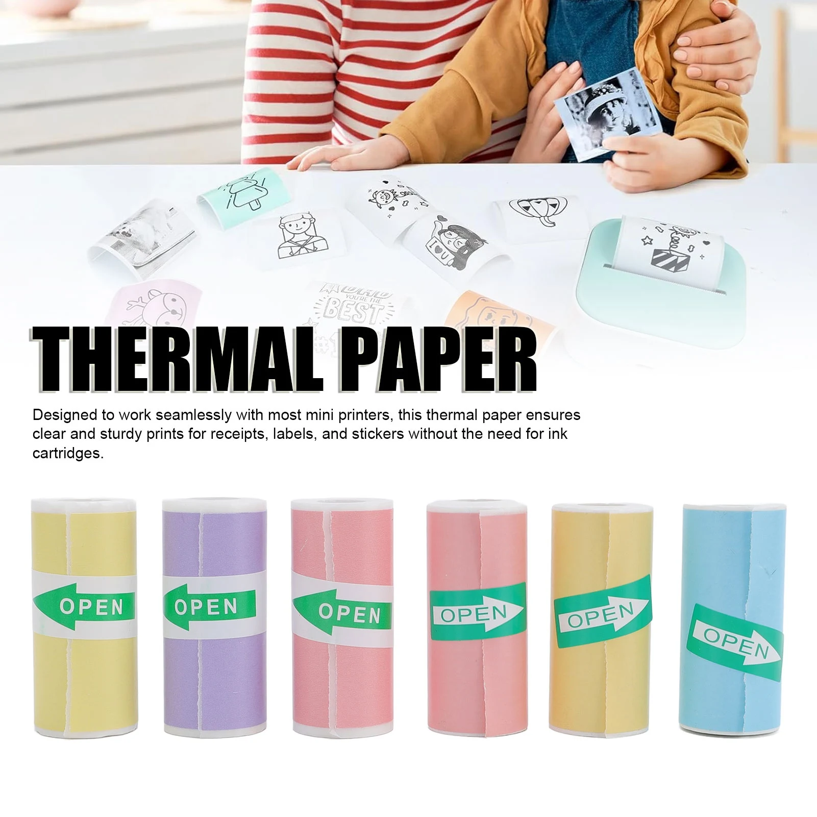 【Sale】6 Rolls Thermal Printing Paper Multi Color 57x25mm Smoothly Self Adhesive Thermal Inkless Printer Paper for Photo Label