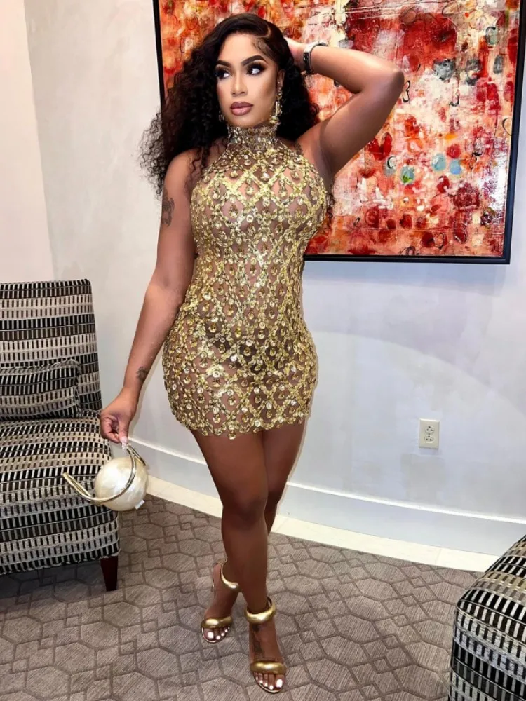 Diamond Dress Stardust Prom Dresses Women Mesh Transparent Crystal