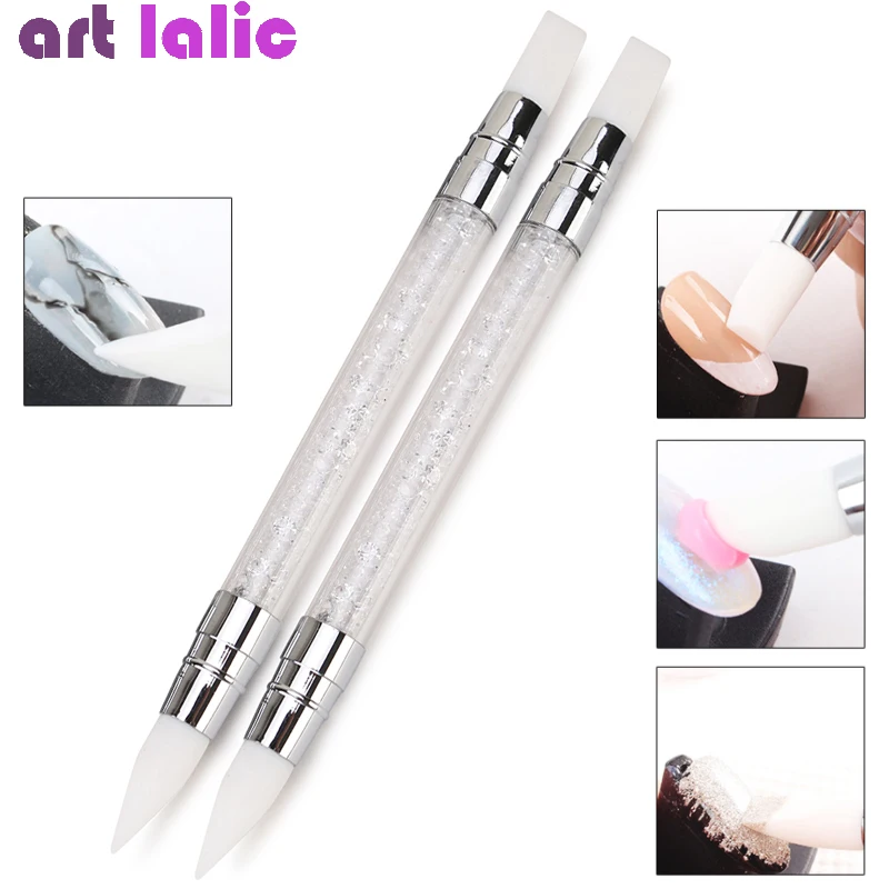 Dual-ended Silicone Quartz Nail Art Brush Rhinestone Acrylic Handle  Decorations Powder Foil Nail Pen Brush Cuticle Remover Tools - AliExpress