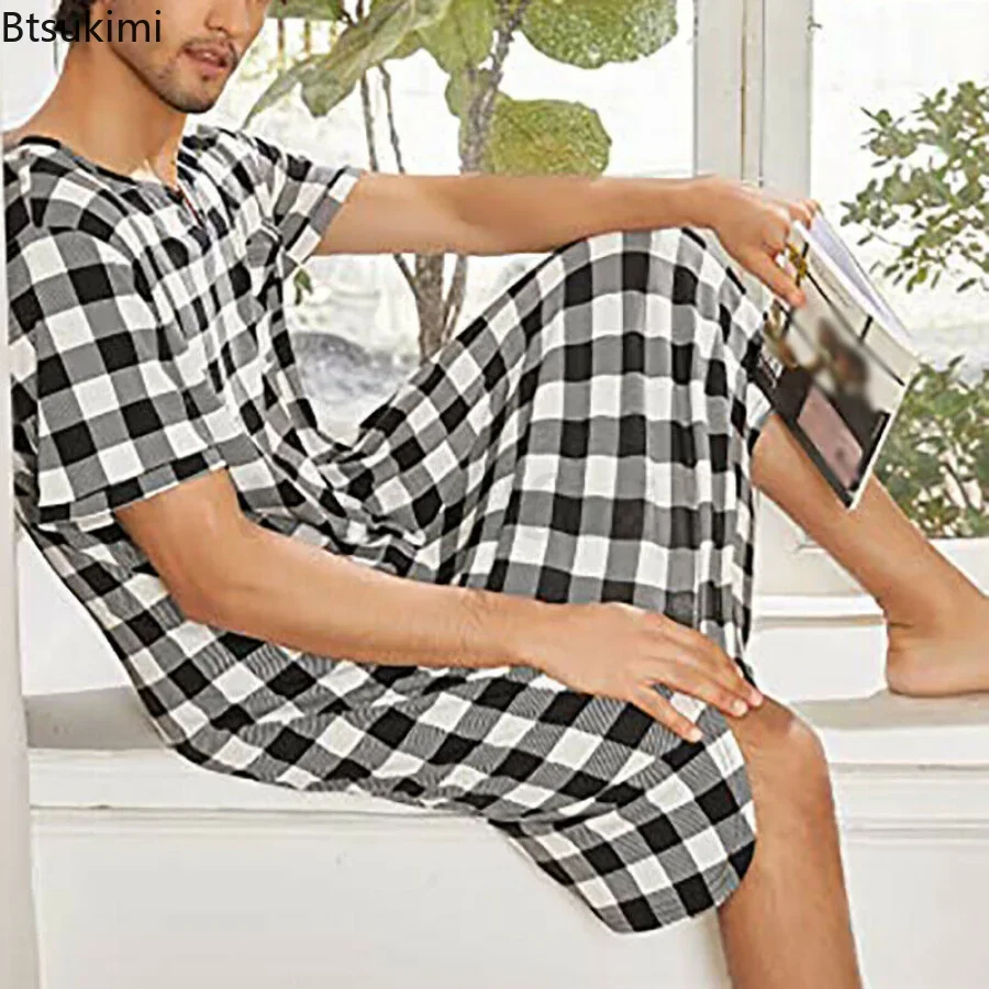 2024 Men's Casual Cotton Plaid Sleep Robe Pajamas Short Sleeve V-neck Homewear One-piece Comfortable Home Loose Bathrobe Male