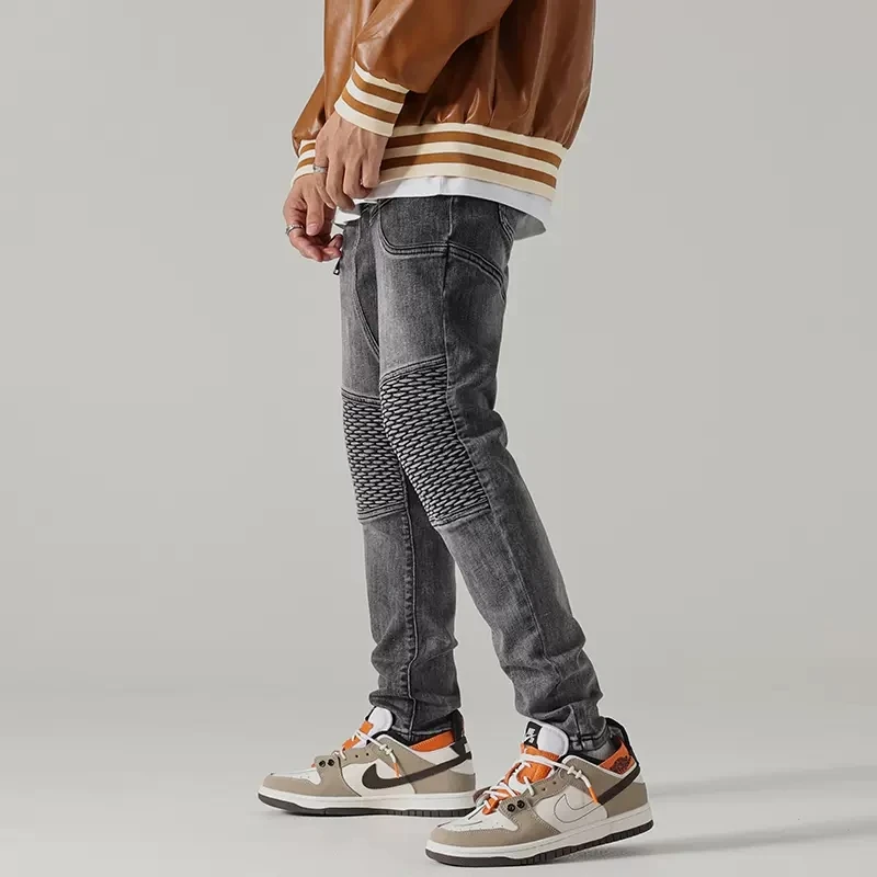 Street Fashion Men Jeans Retro Black Gray Elastic Wrinkle Patch Designer Slim Biker Jeans Men Punk Trousers Hip Hop Pants Hombre