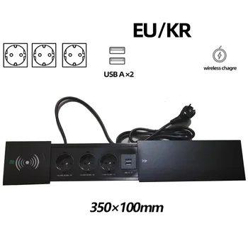 테이블 히든 소켓 내장형 콘센트 2 개, USB 2 개, RJ45 CAT6 무선 충전, EU KR 멀티 플러그, 10A, 110 ~ 250V, 2600W, 블랙 소켓