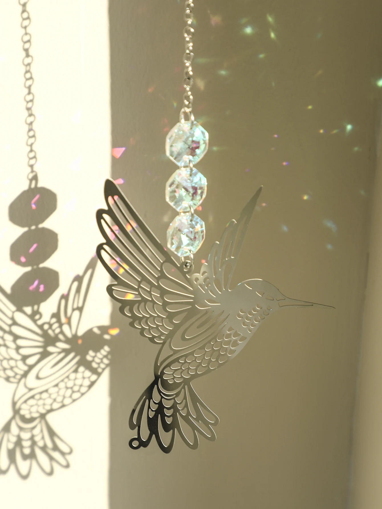 Silver Bird Sun Catcher Stained Glass Beaded Crystal Suncatcher Hanging Decoration Rainbow Maker Garden Decor Outdoor Ornaments