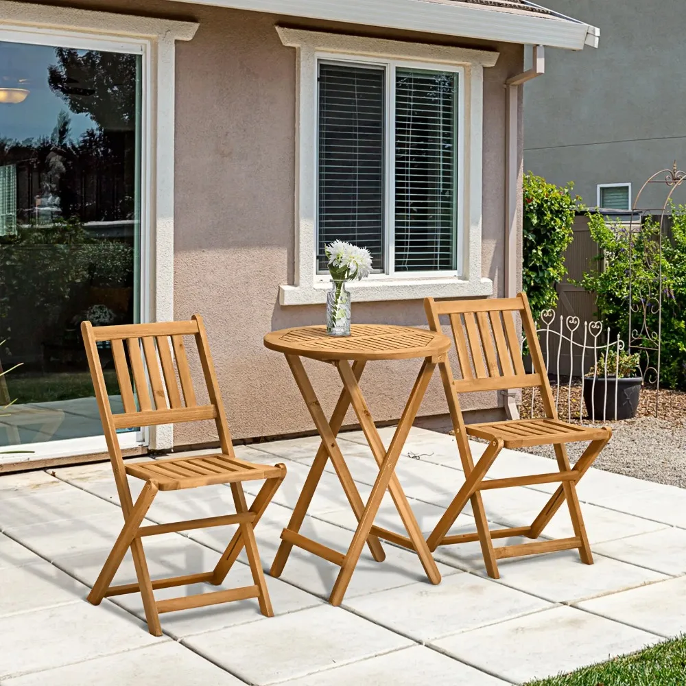 3 Piece Folding Acacia Wood Outdoor Patio Bistro Table and Chair Set 6