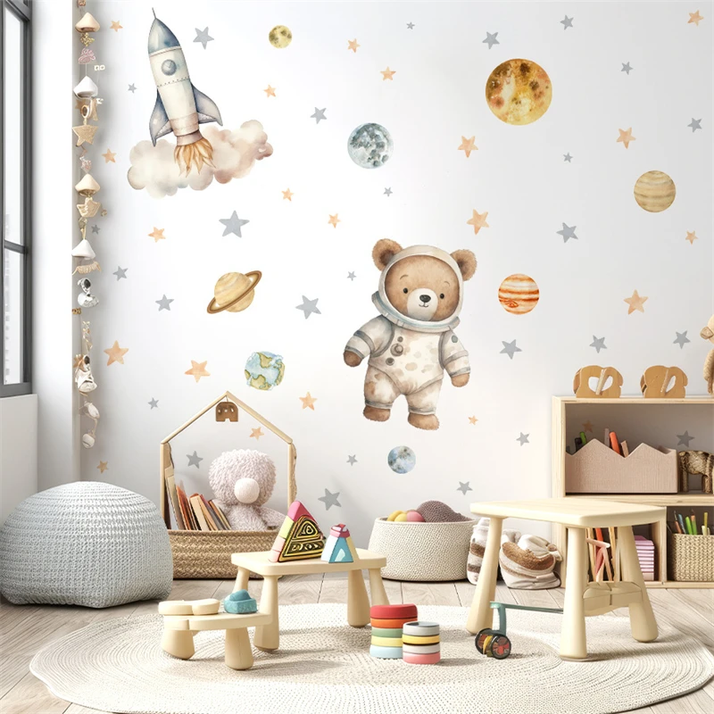 Cartoon Bear Astronaut Space Wall Sticker Baby Room Decoration Rocket Stars Decal Kids Room Wallpaper