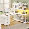 L Shaped Computer Desk, 58'' Office Desk with 3 Drawers and Bookshelf, L Shaped Corner Desk with Storage Shelves and LED Light 1
