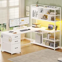 L Shaped Computer Desk, 58'' Office Desk with 3 Drawers and Bookshelf, L Shaped Corner Desk with Storage Shelves and LED Light 1