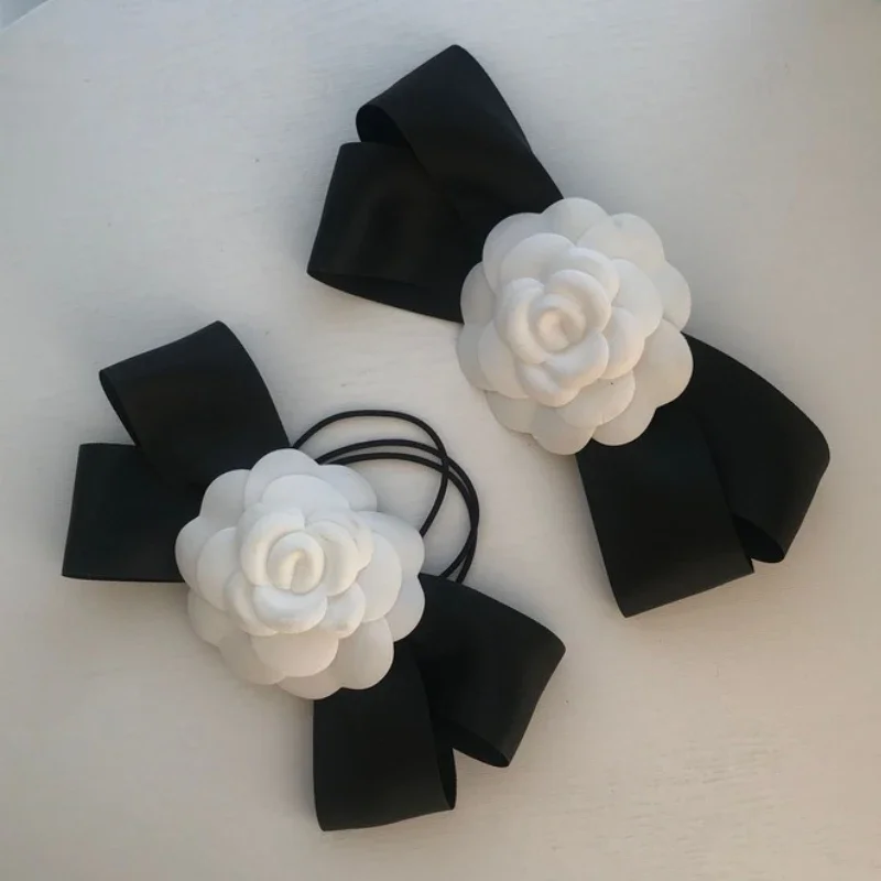 

Temperament Camellia Bow Hair Ring pins White Fabric Sweet Rope Clip Elastic Rubber Band Barrettes Ins For Women Girls