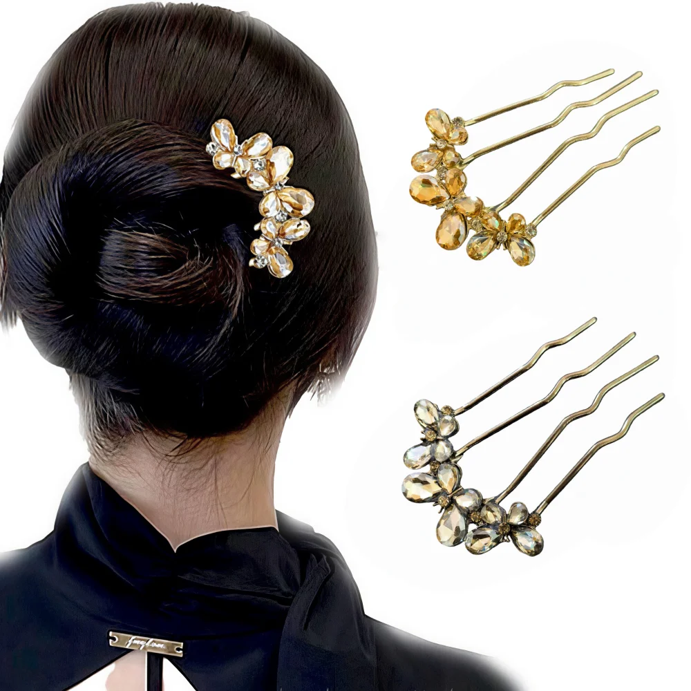 Metallische Perlen-U-förmige Haarkamm-Clips für Damen, Elegante Blumen-Haarspangen, Stilvolle Alltags-Haarnadeln, Hochzeits-Haarknoten-Accessoires – Detail 9