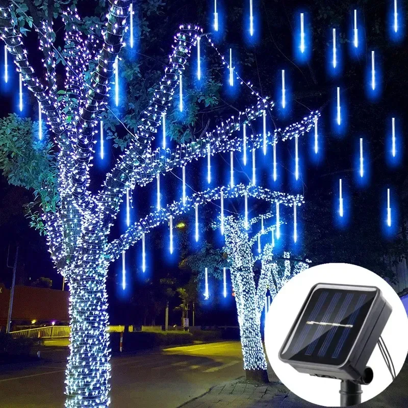 Solar Meteor Shower Rain String Lights Waterproof Garden Light 8 Tubes Christmas Tree Holiday Party Wedding Decoration