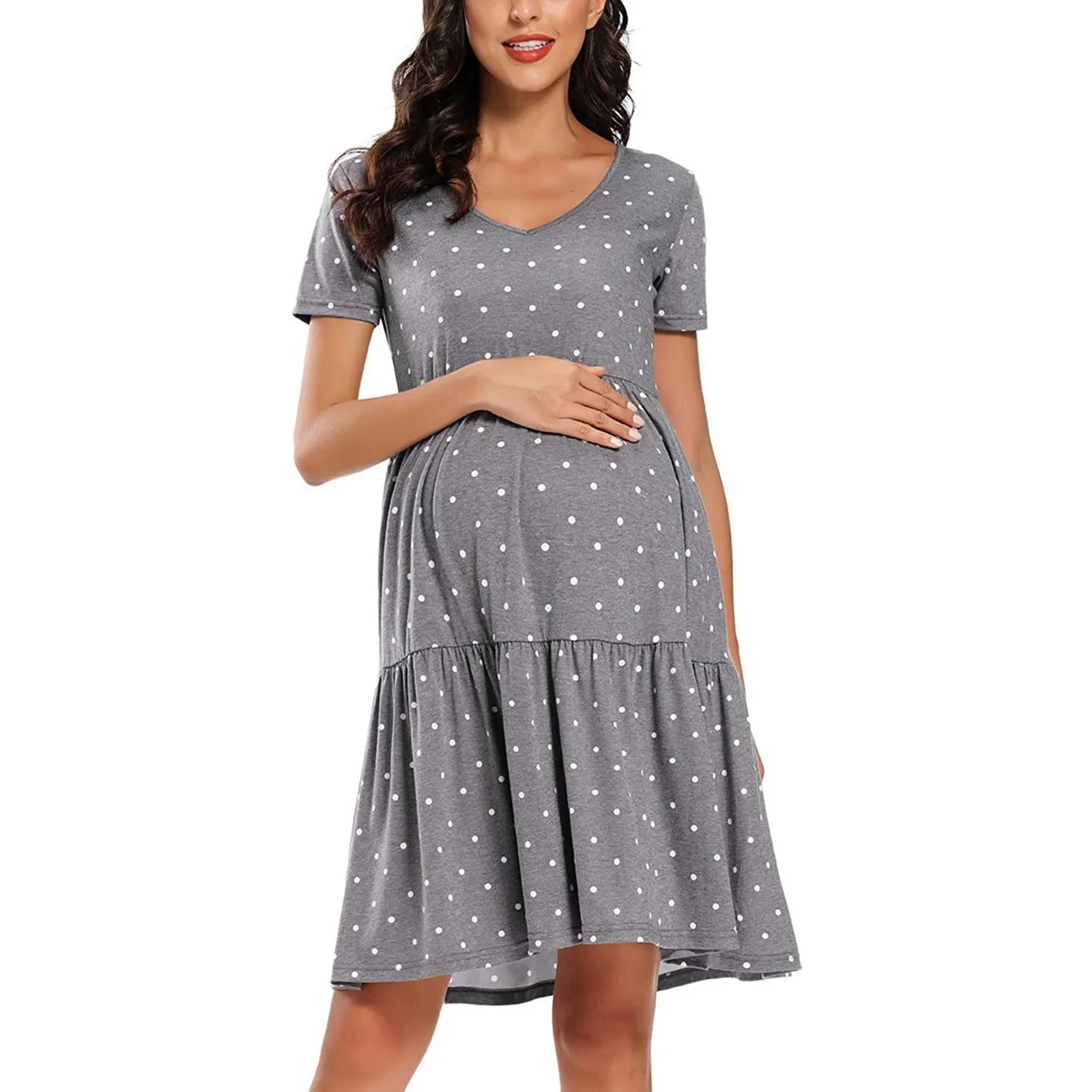 

Split Dresses For Women Pregnant Dresses Solid Maternity V-neck Short Sleeve Beautiful Clothes Pregnancy Party Evening Dress