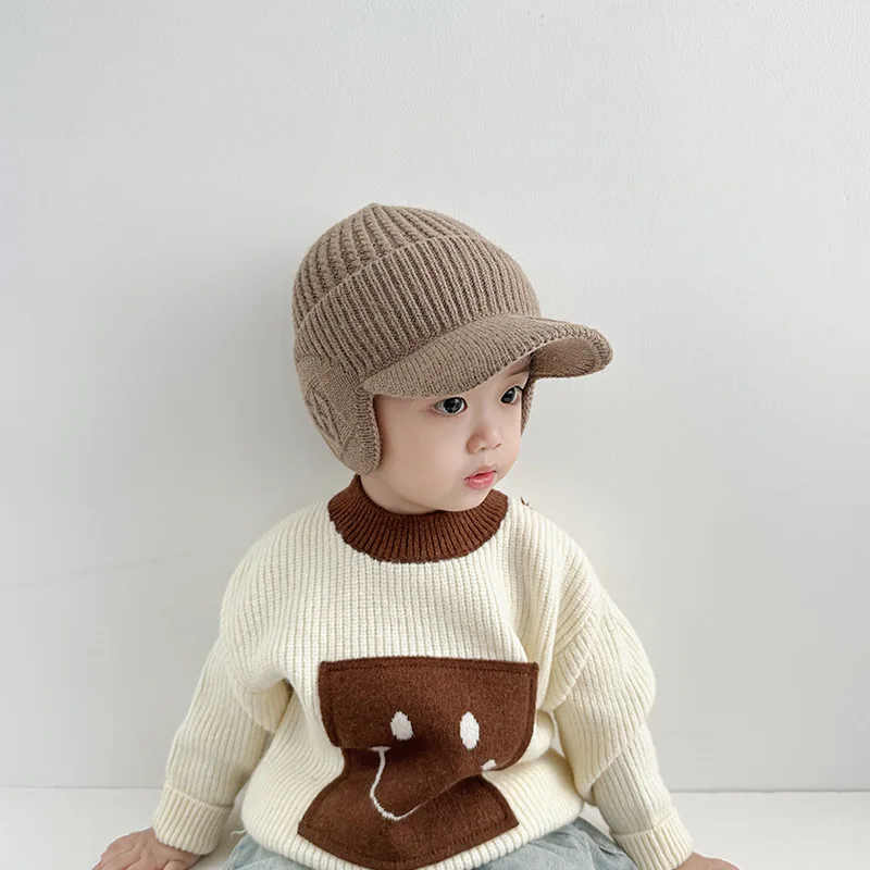 Autumn/Winter Children's Baseball Cap Wool Knit Warm Earflap Hat Versatile Outdoor Duckbill Cap for Boys and Girls