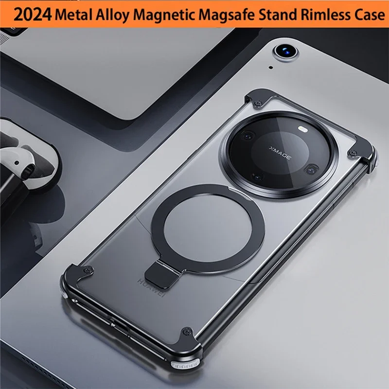 

Aluminum Alloy Magnetic Magsafe Stand Rimless Phone Case For HuaWei Mate 60 Pro Metal Lens Shell Frosted Matte Back Cover