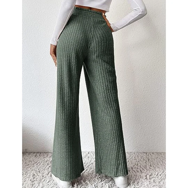 2023 Autumn Winter Solid Color Pit Strip Elastic Mid Waist Wide Leg Trousers New Casual Loose-fitting Knitted Womens Pants