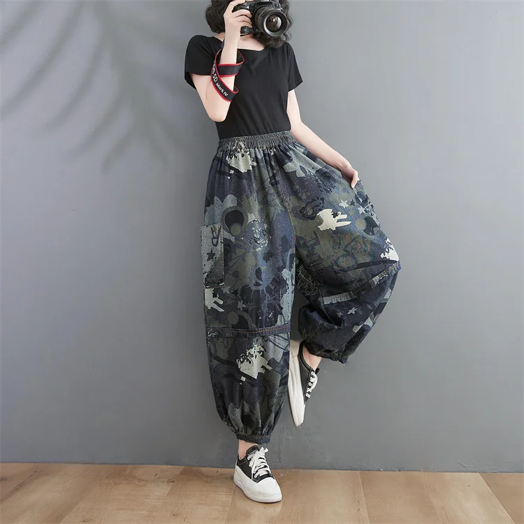 New Spring Autumn Retro Print Denim Jacket Women Elastic Waist Loose Casual Wide Leg Bloomers Female Punk Baggy Jeans Streetwear white jeans
