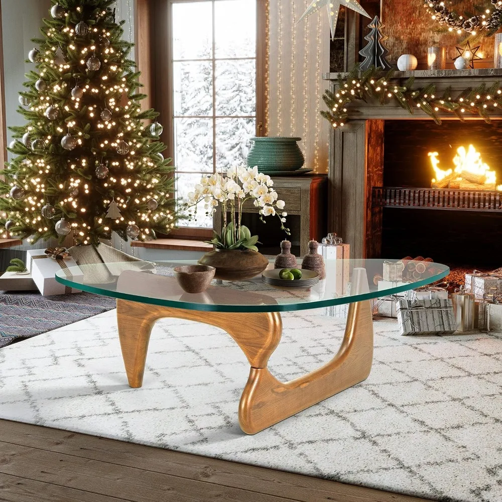 Triangle Glass Coffee Table Modern Noguchi Coffee Table, Vintage Glass, and Wood End Table, Solid Wood Base and Clear Glass Top 3