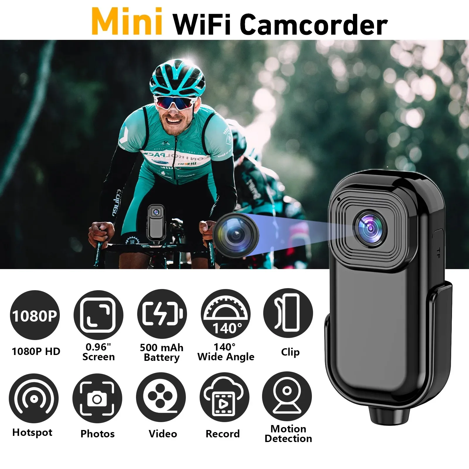 

Портативная мини-камера 1080P HD, точка доступа Wi-Fi, спортивный видеорегистратор, широкий угол обзора 140 °, экшн-камера с цветным экраном, аккумулятор 500 мАч