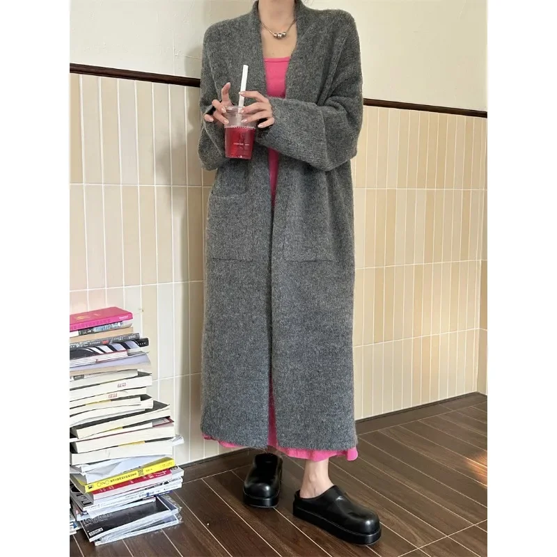 

SuperAen 2023 Autumn/Winter Long Knitted Wool Cardigan Thick Soft Sweater Coat Over Knee Casual Style Cardigan