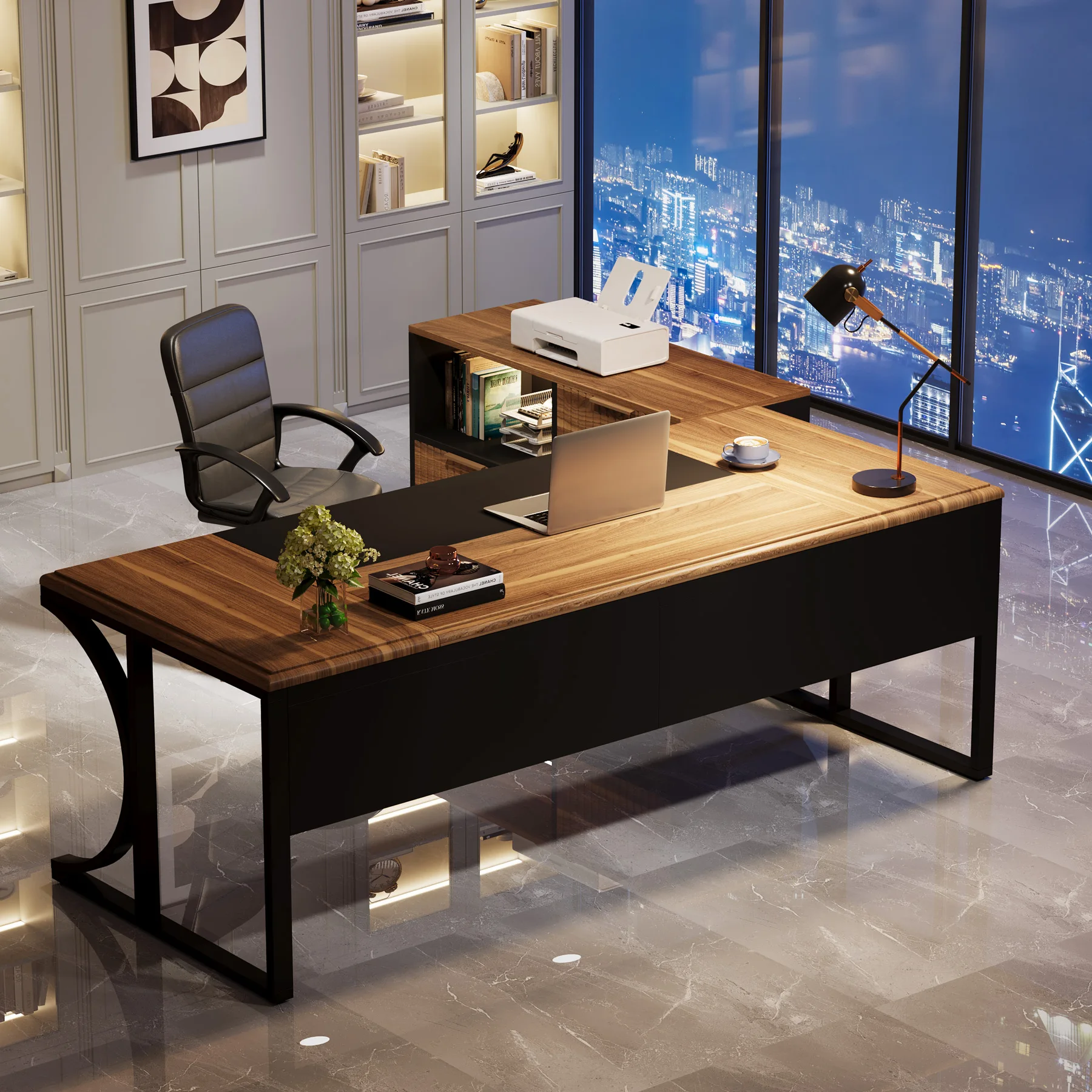 Tribesigns L Shaped Executive Desk and 2 Drawer Led Light File Cabinet Combo, 63 inch Computer Desk Writing Table Furniture Set
