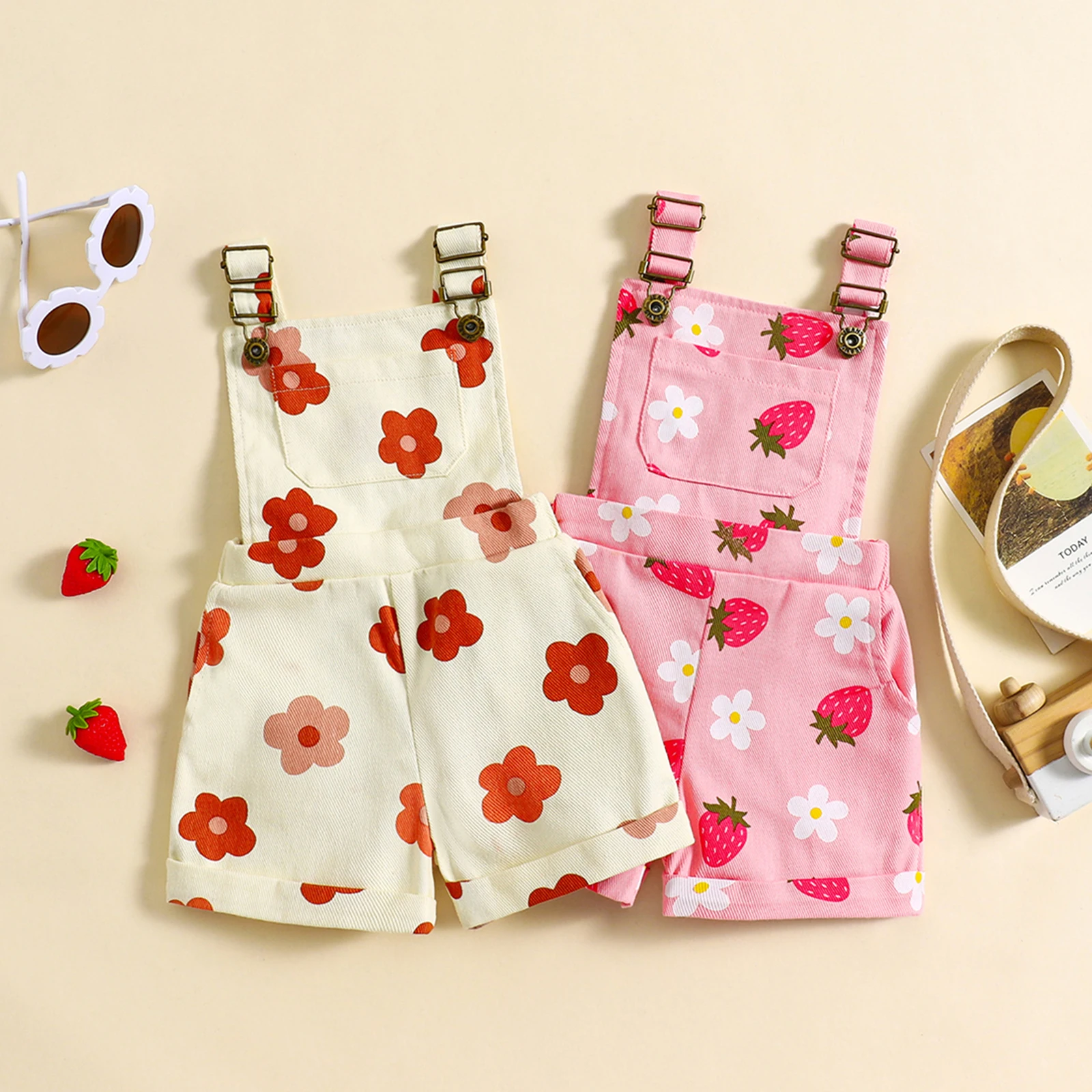 Children Overalls Pants Kids Outfits 0-6Y Little Girls Denim Overalls Shorts Sleeveless Flower/Strawberry Print Strap Jeans Suspender Outfit