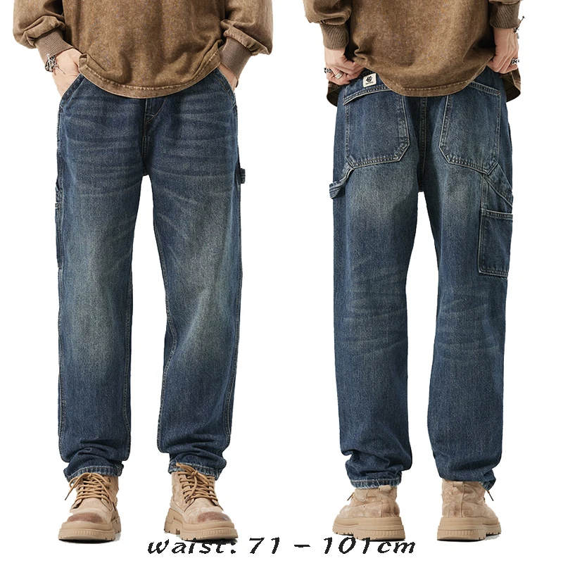 High quality long cargo jeans for men big size multi pocket stone wash cotton denim vintage trousers new 2024 clothing - blue